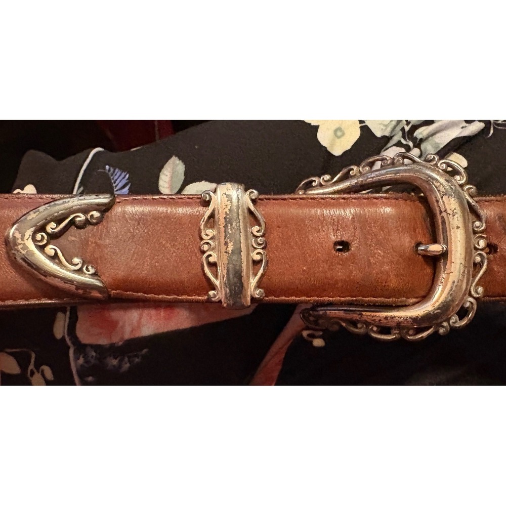 Brighton Leather Belt Women 33 Brown Good Western Engraved Buckle Silver Tone